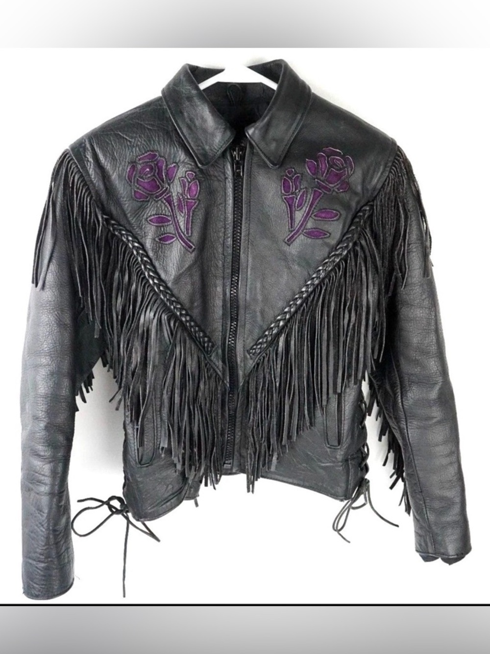 Black Leather Fringe Jacket with Purple Inlay - Classic Western Style